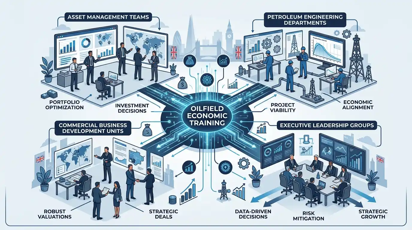 Which corporate teams, departments, and industries utilize oilfield economic training?