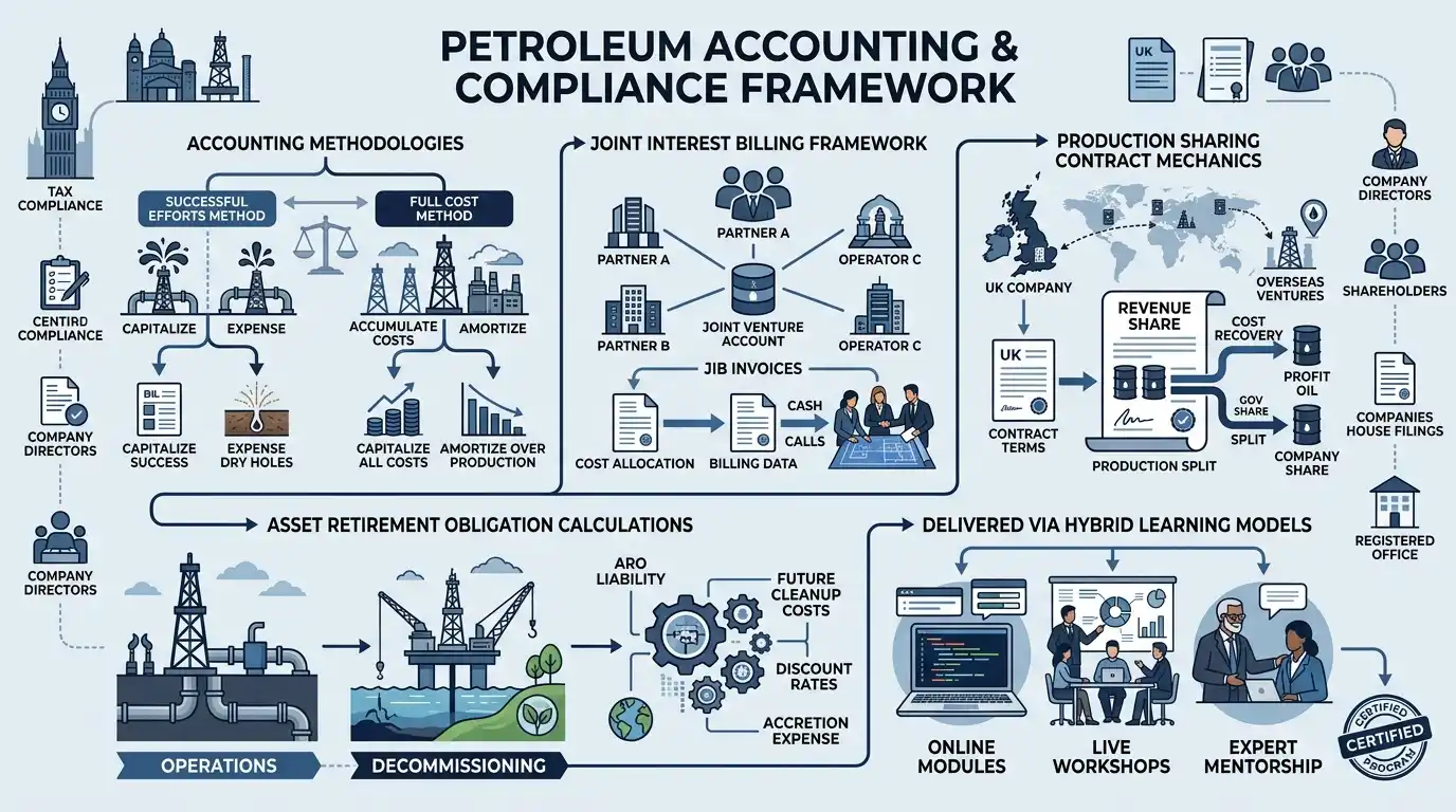 What core competencies and delivery formats define petroleum accounting programs?