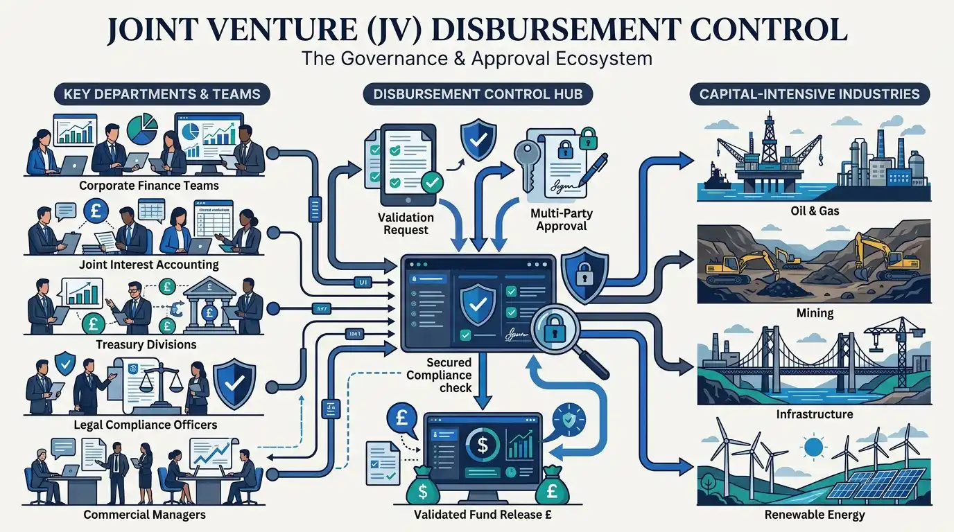 Which corporate teams and industry sectors require disbursement control capabilities?