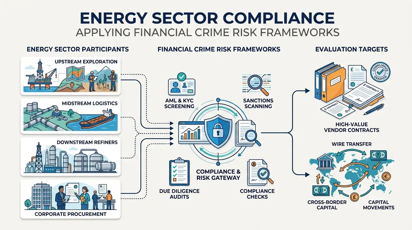 How do distinct corporate teams, managers, and energy industry sectors apply financial crime risk frameworks?