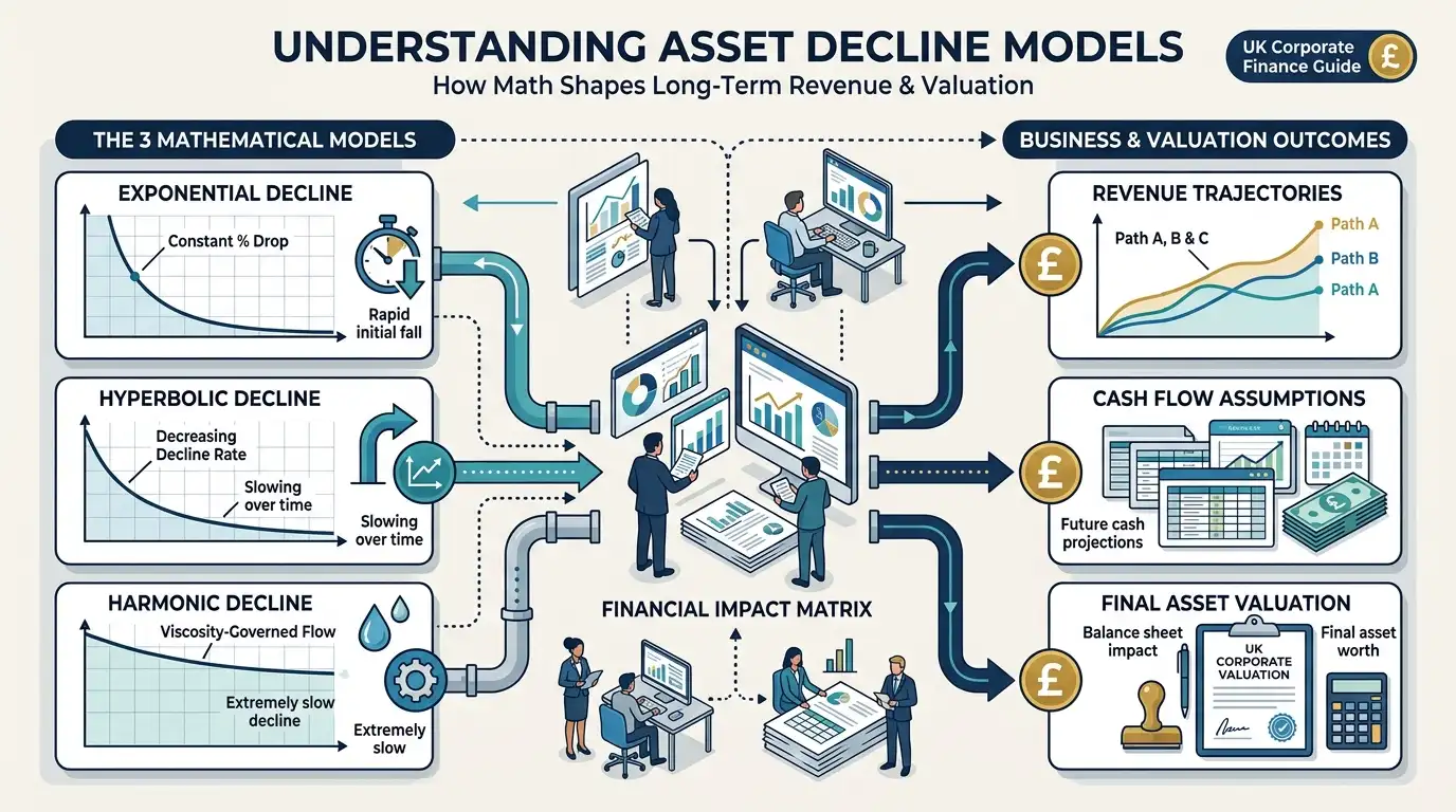 How Do Exponential, Hyperbolic, and Harmonic Decline Curves Differ in Financial Modeling?
