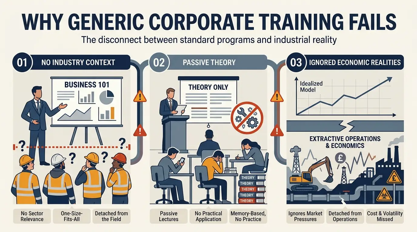 Why do generic corporate training programs fail and what common misconceptions hinder effective financial workforce development?