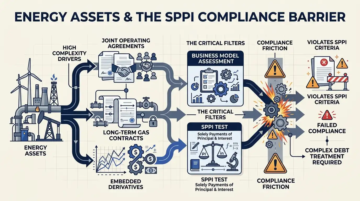 What makes the business model assessment and SPPI test difficult for energy companies?