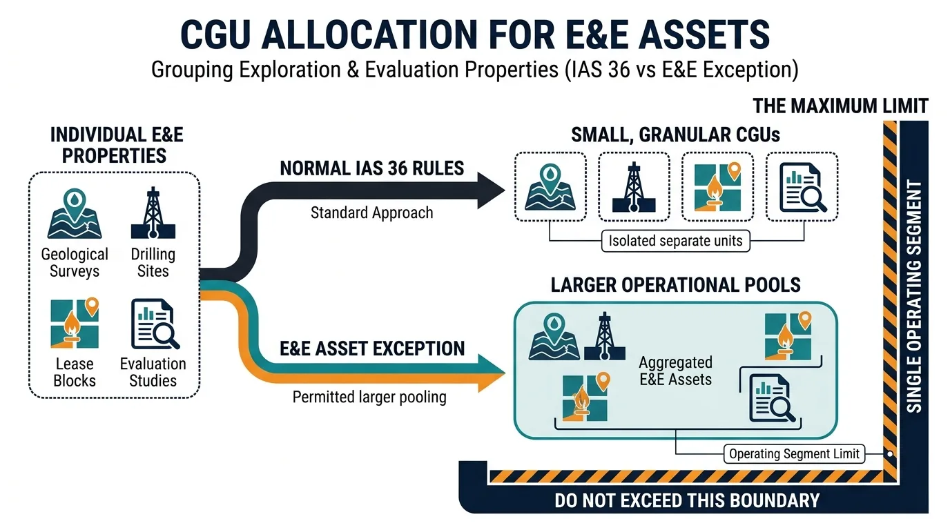 How should cash generating unit allocation for E&E assets be structured before commercial viability?