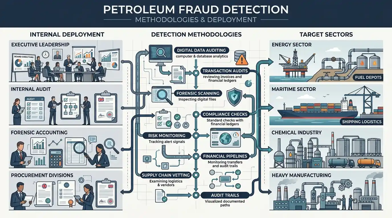 Which corporate departments, management roles, and industrial sectors utilize petroleum fraud detection methodologies?