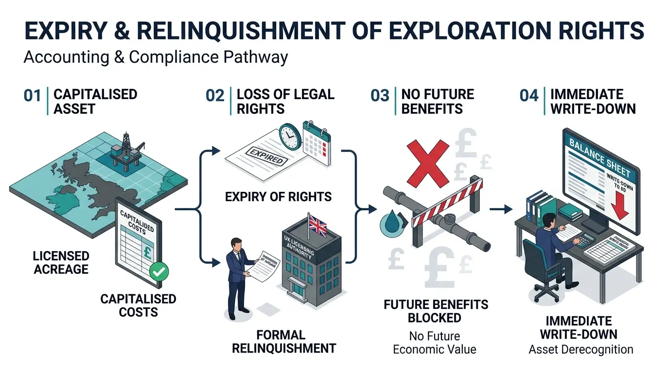 How does the expiry of exploration rights and relinquishment of acreage impact asset carrying values?