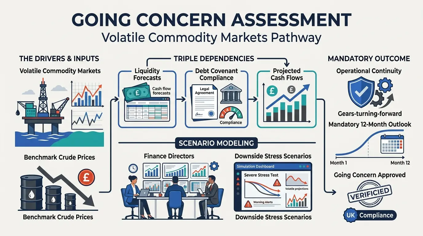 What factors influence going concern assessments in volatile commodity markets?