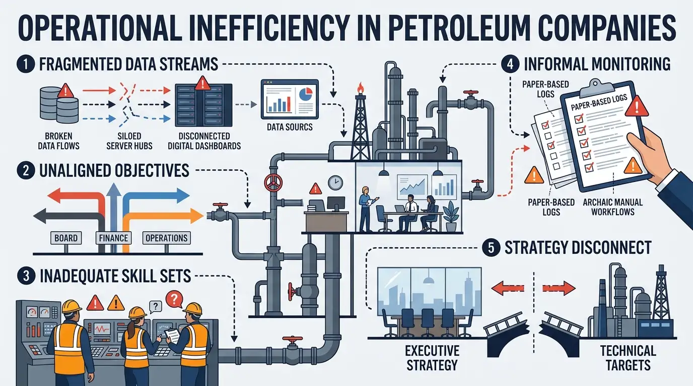 Why do petroleum companies struggle with operational efficiency and workforce performance?