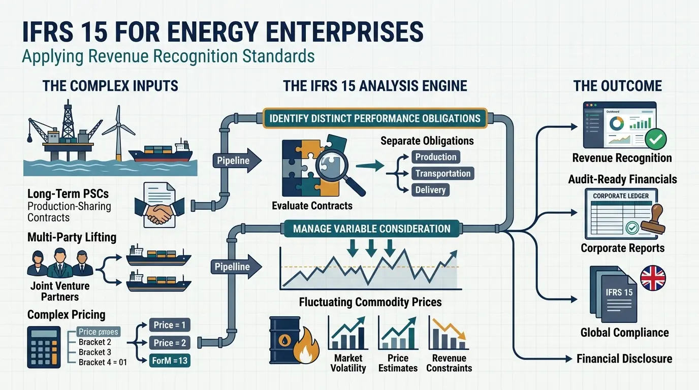 What are the core accounting hurdles of applying IFRS 15 revenue from contracts with customers in energy portfolios?