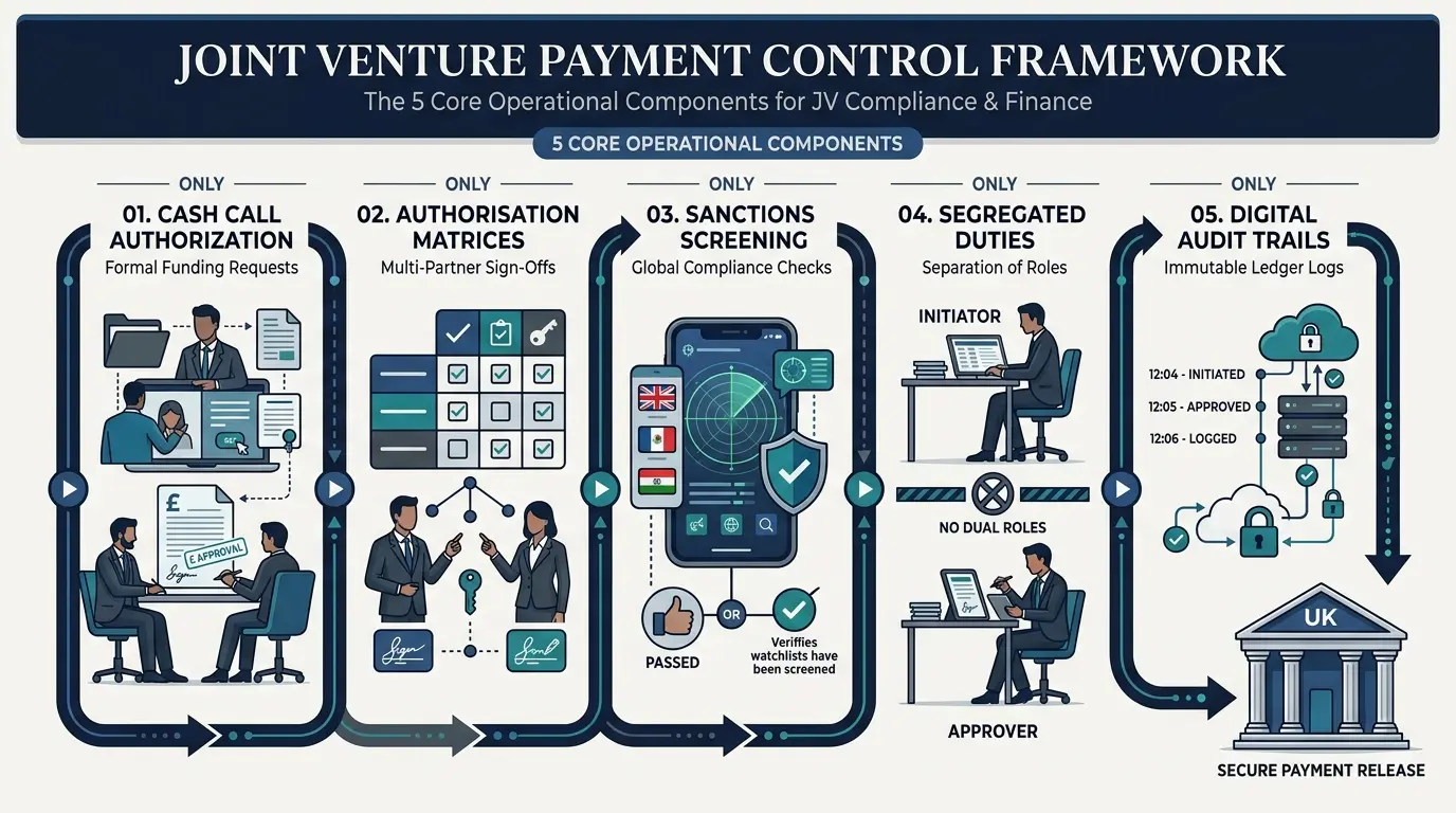 What key components comprise a modern joint venture payment control framework?