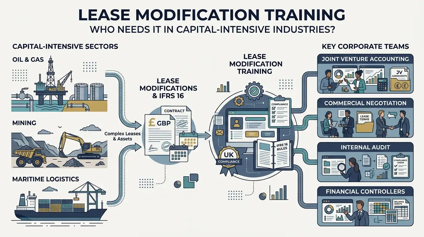 Which corporate teams and industries utilize lease modification training?