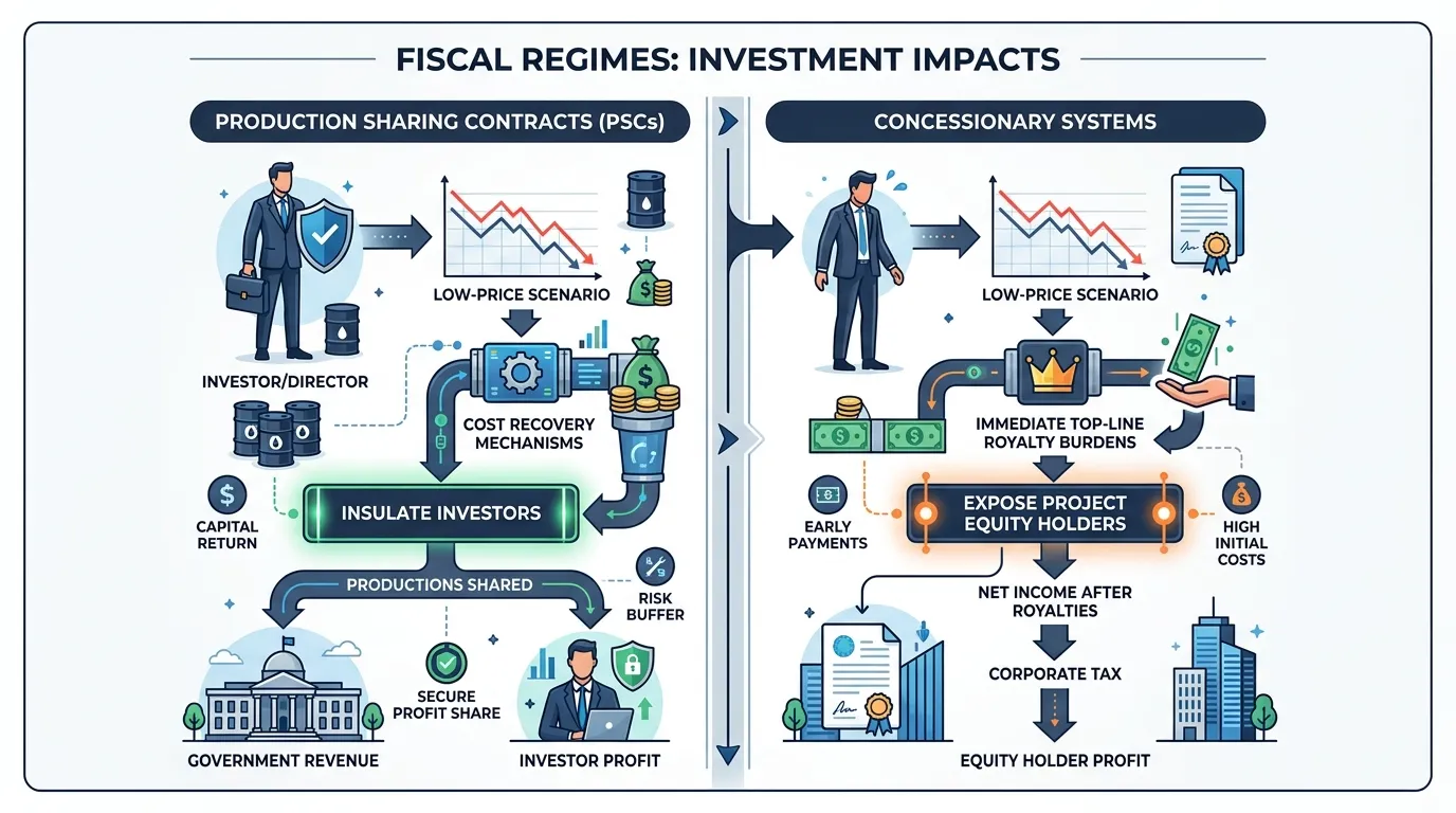 What distinguishes production sharing contracts from concessionary systems during fiscal sensitivity testing?