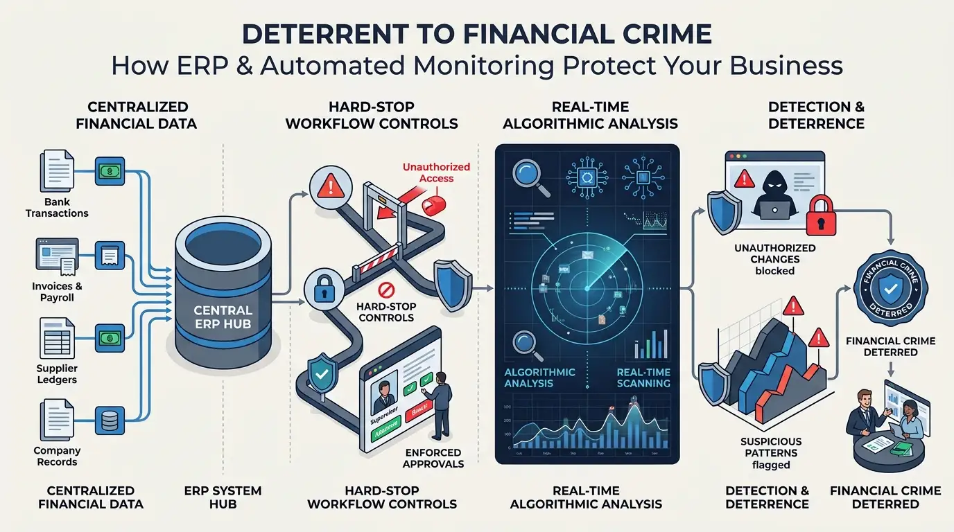 How do enterprise resource planning systems and automated transaction monitoring deter financial crime?
