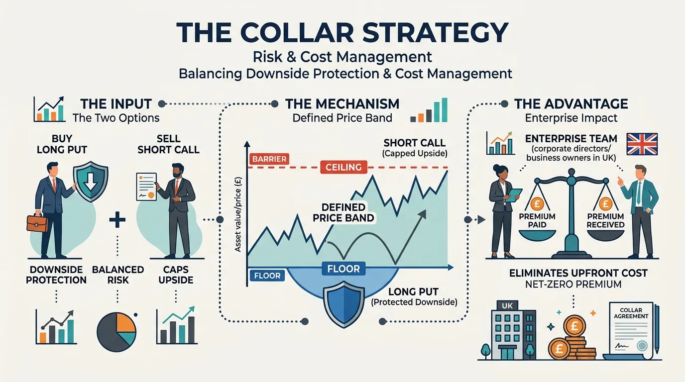 How Do Options Strategies Like Collars Balance Downside Protection and Cost Management?