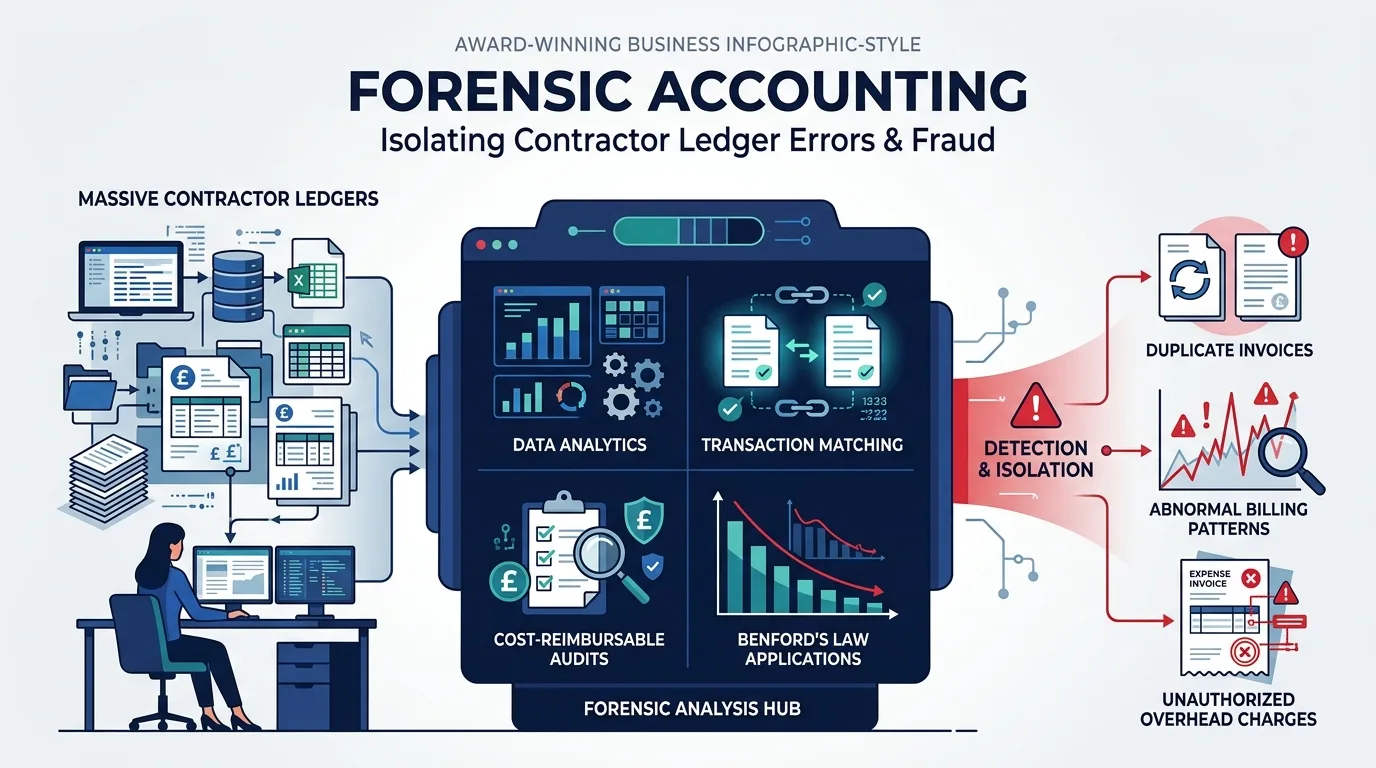 What are the core forensic accounting techniques used to review contractor cost structures?