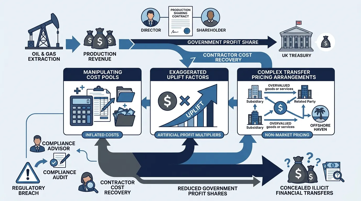 How do production sharing contracts conceal illicit financial transfers?