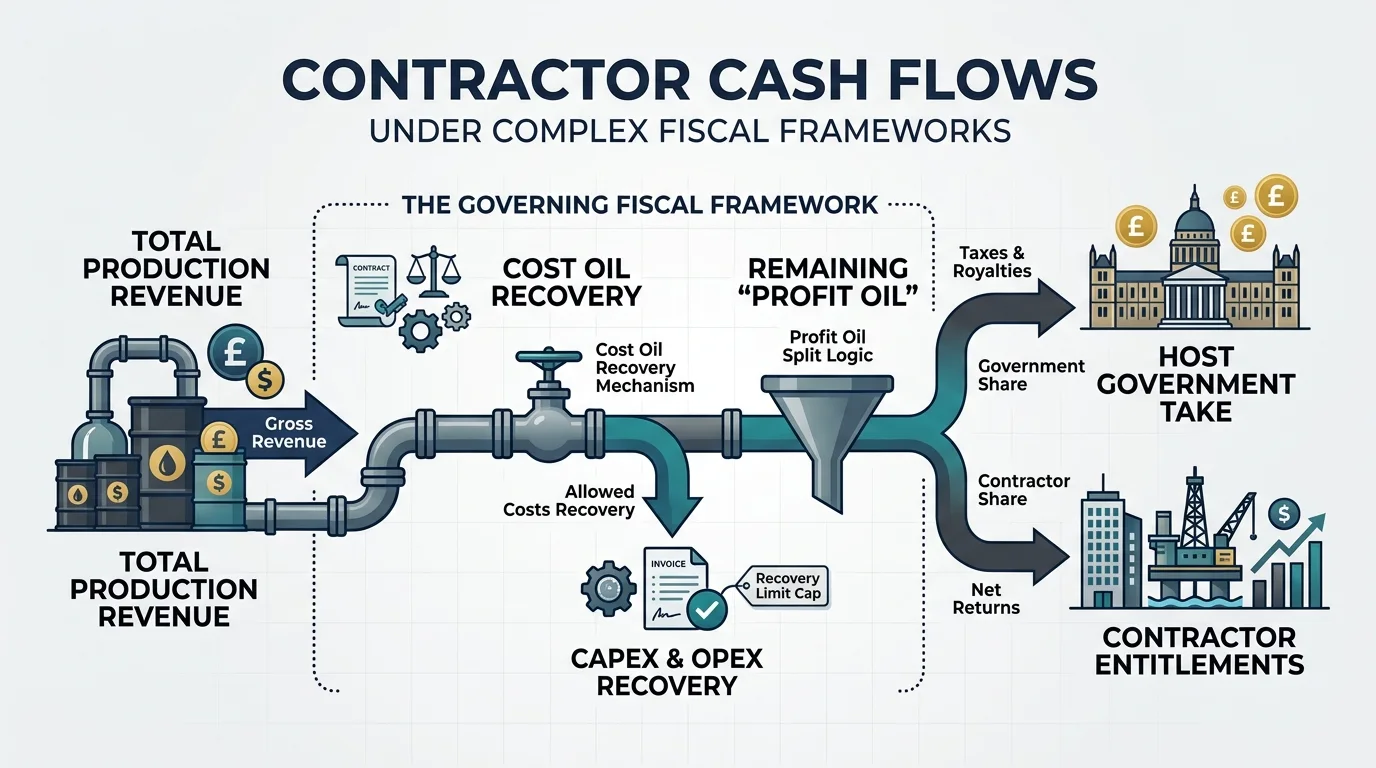 How do fiscal terms and government take mechanisms shape contractor cash flows in international petroleum contracts?